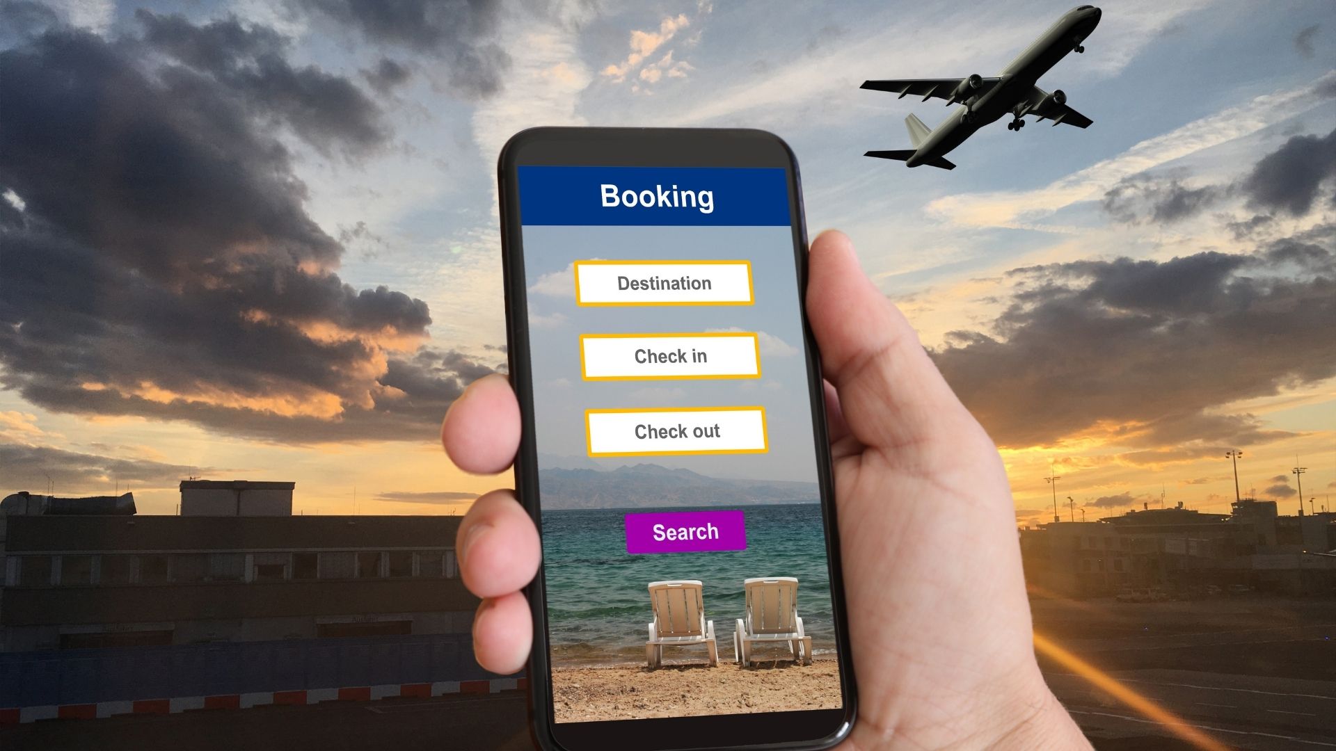 A male traveler's hand holding a phone to conveniently book a stay online while waiting at the airport.