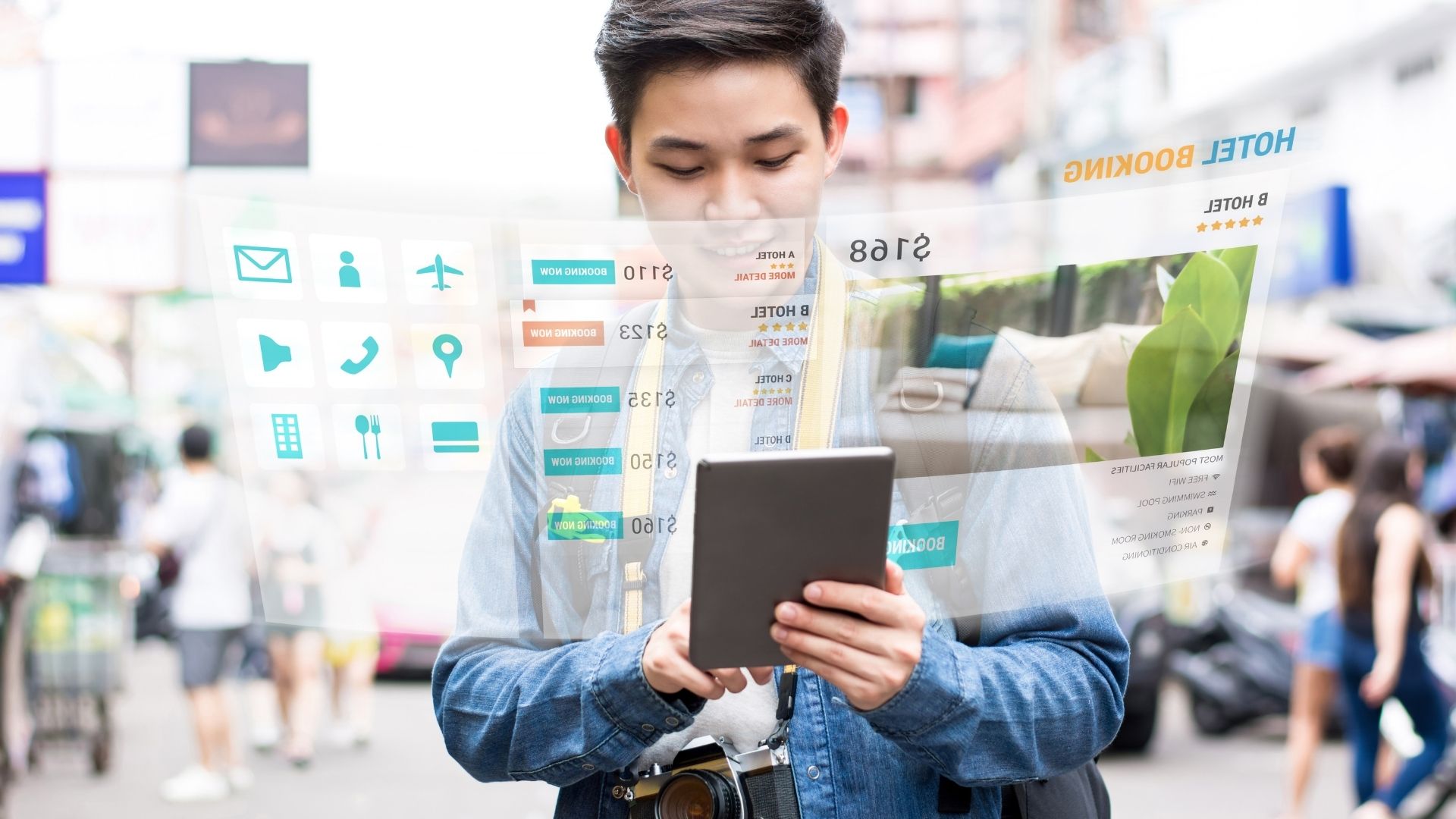 A male traveler using his tablet to plan his trip and make travel arrangements online.