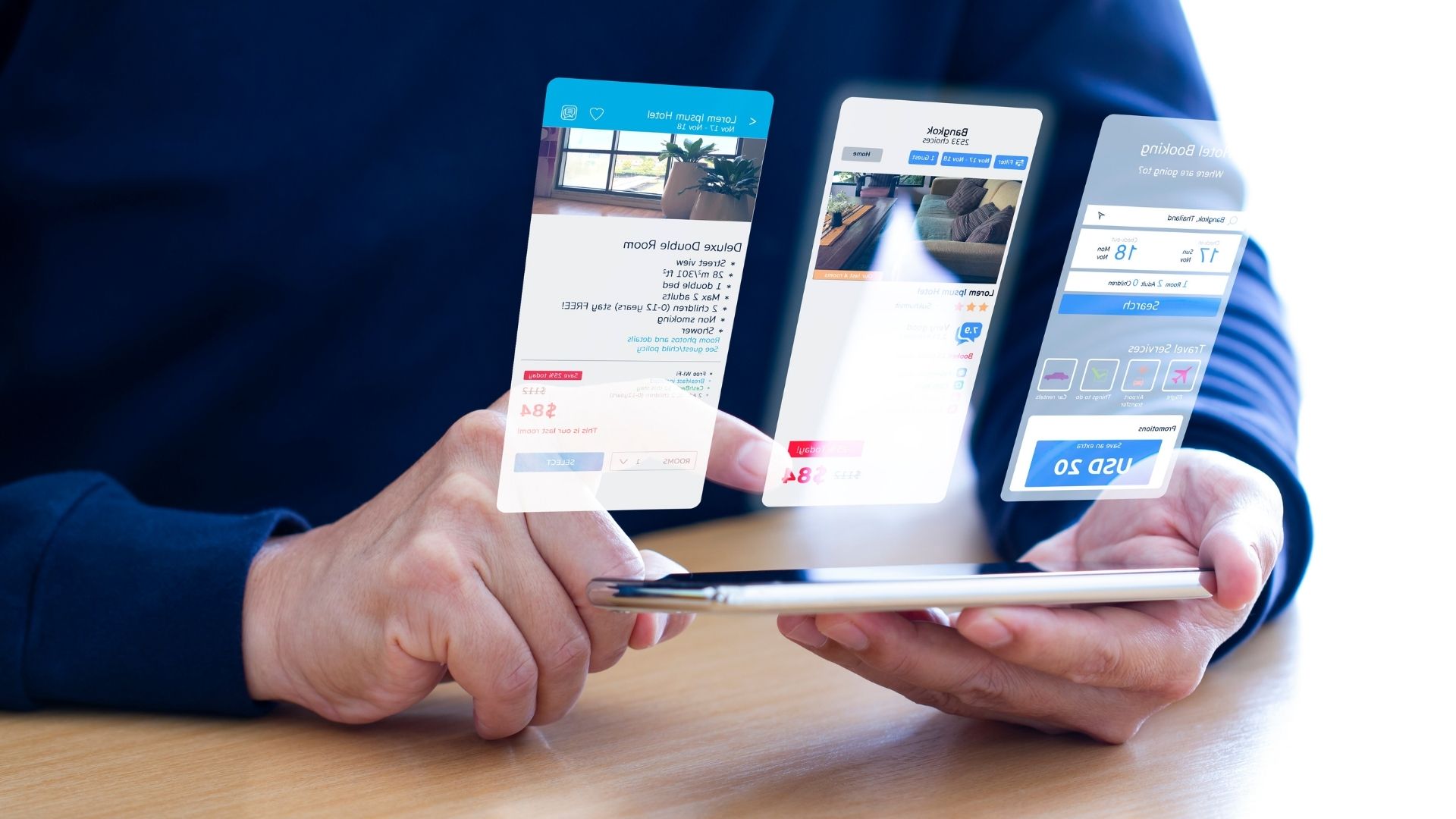 A man browsing his smartphone, searching for hotel information and making a hotel booking.