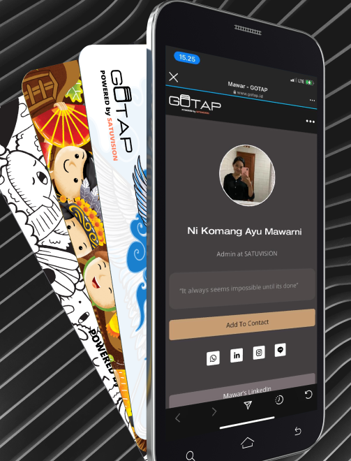 Three custom business cards from GOTAP accompanied by a smartphone displaying its user interface