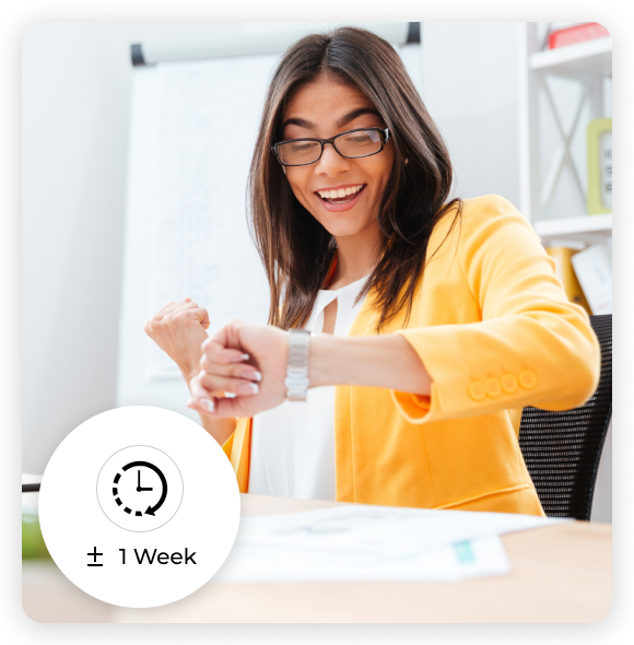 Female SEO auditor smiling while checking the time on her watch