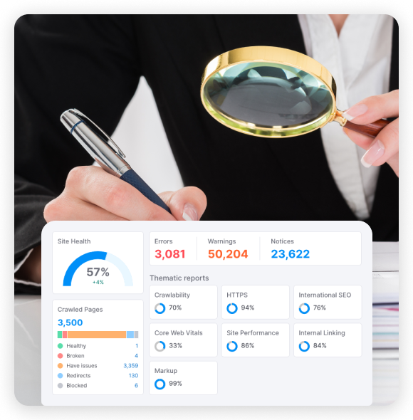 Female SEO auditor analyzing client SEO performance with displayed results