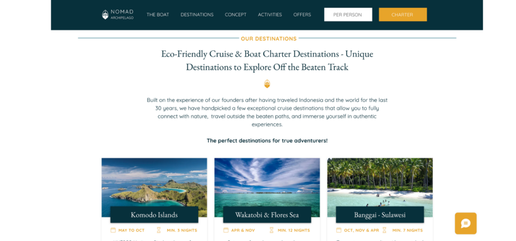 An example of a website that uses SEO for its travel website, is named Nomad Archipelago with an ocean blue and white color design