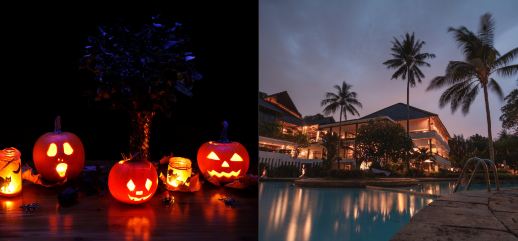 Three Halloween pumpkins with festive lighting, create a spooky hotel ambiance.