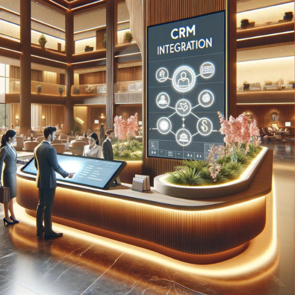 An illustration of a hotel lobby with Hubspot integration display and text to double hotel revenue.