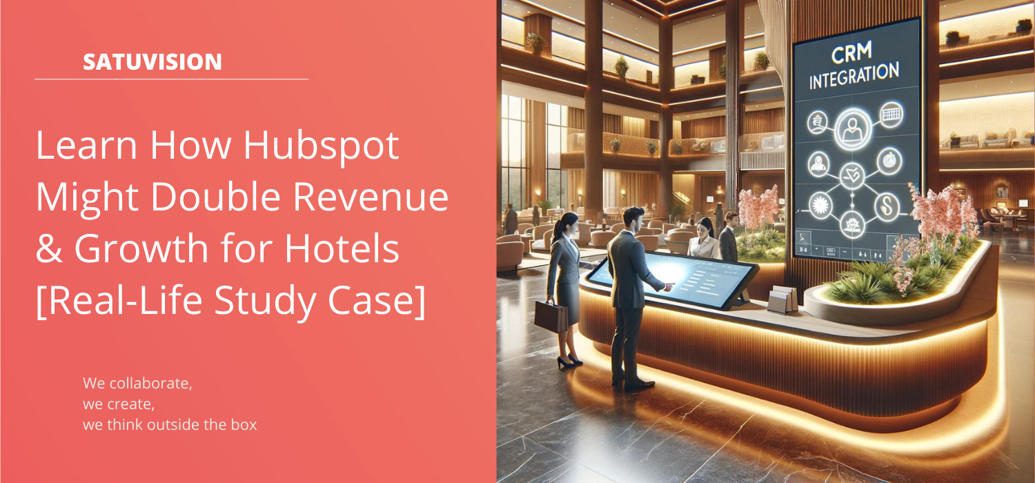 An illustration of a hotel lobby with Hubspot integration display and text to double hotel revenue.