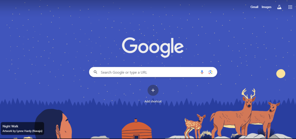 Types of Search Engines: Screenshot of Google's Landing Page with Artwork by Lynne Hardy (Navajo) 