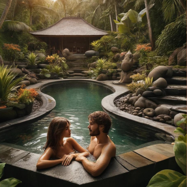 Image of a guest lounging in a pool at a hotel or villa in Bali, illustrating strategies to increase hotel occupancy in low season.